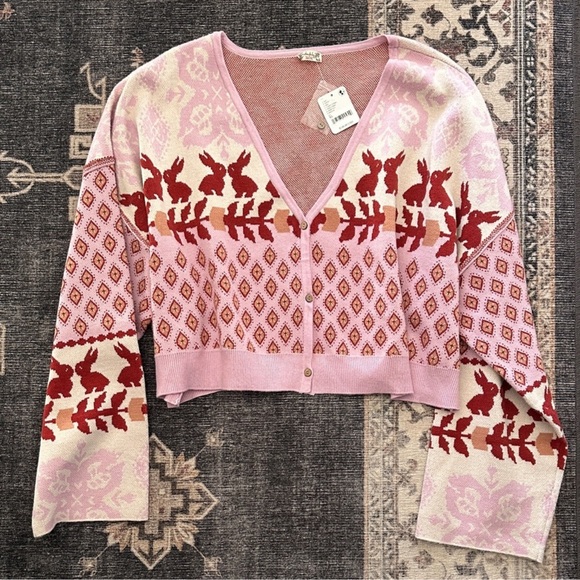 Free People Sweaters - Free People Bunny Pink and Red Patterned V-Neck Cardigan